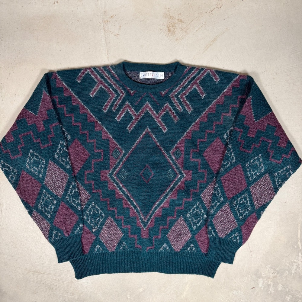 Vintage 80s Jantzen Womens Teal Purple Geometric Southwest Knit Sweater USA L